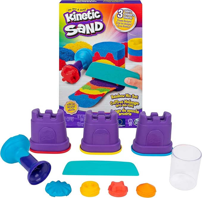 Kinetic Sand, Rainbow Mix Set with 3 Colors of Kinetic Sand (13.5oz) and 6 Tools, Play Sand Sensory Toys for Kids Ages 3 and up