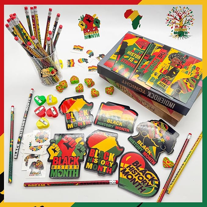 218 PCS Black History Month Party Favors Happy Juneteenth Party Classrooms Exchange Stationery Giveaways Sets Class Reward Prizes Pencils Erasers Stickers for African American Party Supplies (BHM)