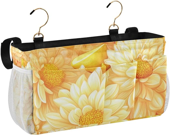 Bright Yellow Chrysanthemum Flowers and Lemon Bedside Caddy for Dorm Bed Bedside Hanging Caddy Bag Iron Frame Storage Organizer Pocket for Bunk Home College Hospital Beds 2 Hooks