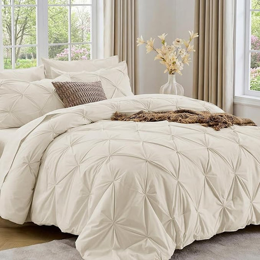 Sasttie Twin Comforter Set, 5-Piece Bed in a Bag, Pintuck Bedding Sets for All Season, Includes Comforter, Flat Sheet, Fitted Sheet, Pillowcase and Pillowsham, Beige