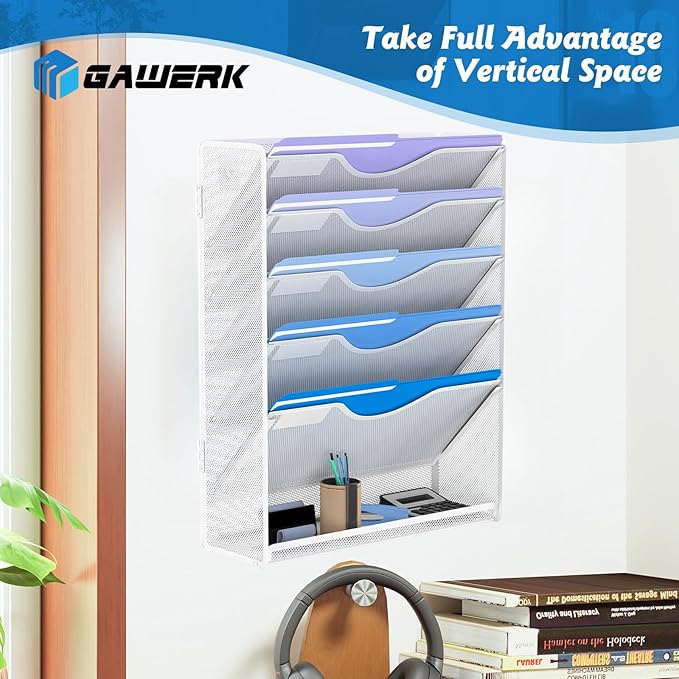 6 Tier Hanging File Organizer, Mesh Wall File Holder Paper Folder Rack with Bottom Flat Tray for Office Home, White