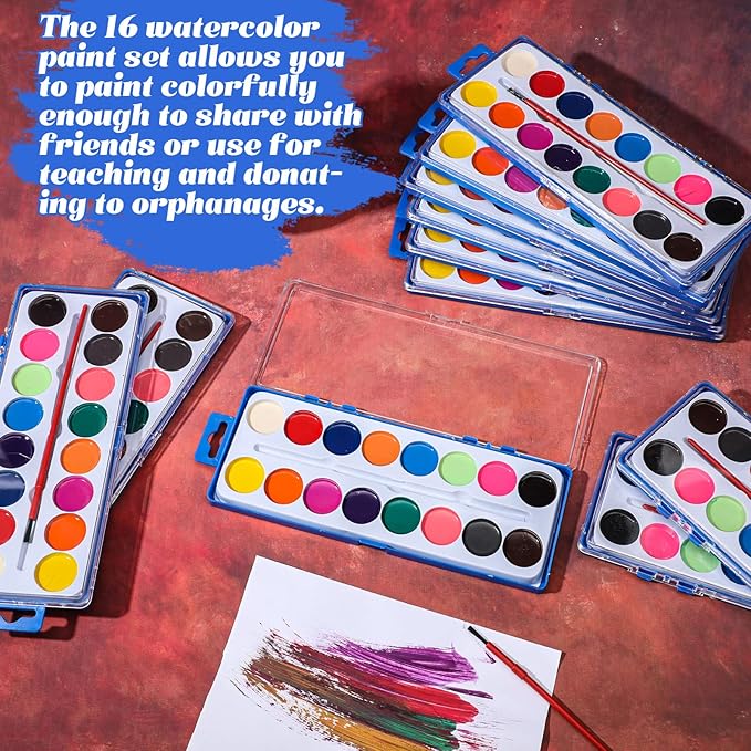 Jexine 48 Pieces Watercolor Paint Sets for Valentine's Day Gifts 16 Washable Water Color Paints Washable Bulk with Paintbrushes for Valentine School Classroom Birthday Gift Art Party Favors