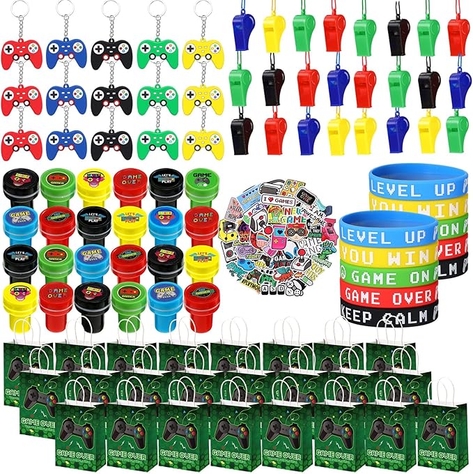 Aoriher 154 Pcs Video Game Party Favors Gift Set for Kids, Gaming Party Favors 20 Set of Keychain Bracelet Wristband Treat Bags Sticker Whistle, Game on Themed Gamer Boys Birthday Goodie Bag Fillers