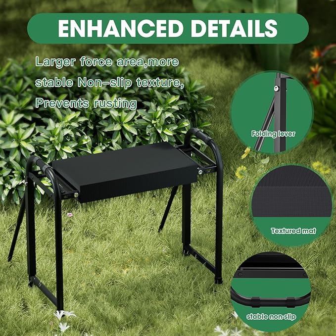 Heavy Duty Garden Kneeler and Seat for Elderly, 400lbs Capacity Foldable Gardening Stool with Support Legs & Thick Pad, Includes Large Tool Organizer Bag, Black