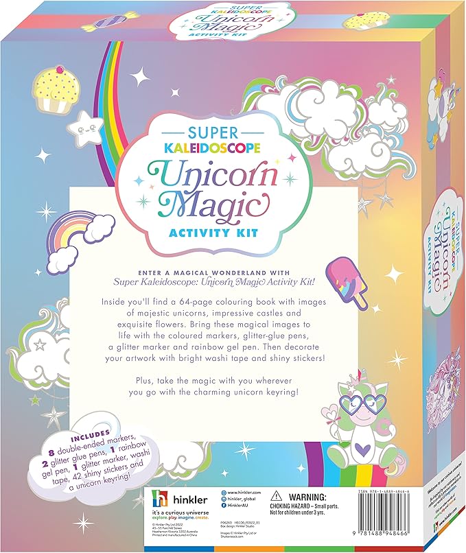 Hinkler Super Kaleidoscope - Unicorn Magic Activity Kit - Fantasy Themed Coloring Book with Glitter Stationery and Stickers - Unicorn Keyring - Arts and Craft Kits for Kids Aged 6 to 8