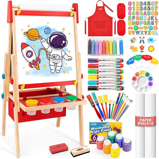 Art Easel for Kids Easel, Adjustable Wooden Kids Drawing Easel with Magnetic Whiteboard & Chalkboard, Kids Dry Erase Board,Easel for Kids Ages 3 4-8 9-12, Red w/Bag