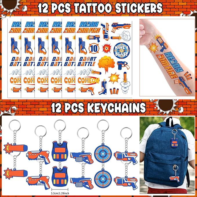 Erweicet Dart Battle Party Favors 72 PCS Gun Slap Bracelets DIY Stickers Temporary Tattoos Keychains Plastic Straws Gift Bags for Kids Boys Birthday Baby Shower Goodie Bag Fillers, Blue,Orange,White