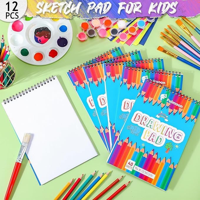 Fulmoon 12 Pack Drawing Pad for Kids Sketch Pads 40 Sheets Top Spiral Drawing Books Bulk 6 x 9 Inch Children Coloring Paper for Crayons Pencils School Kid Painting Party Art Supplies