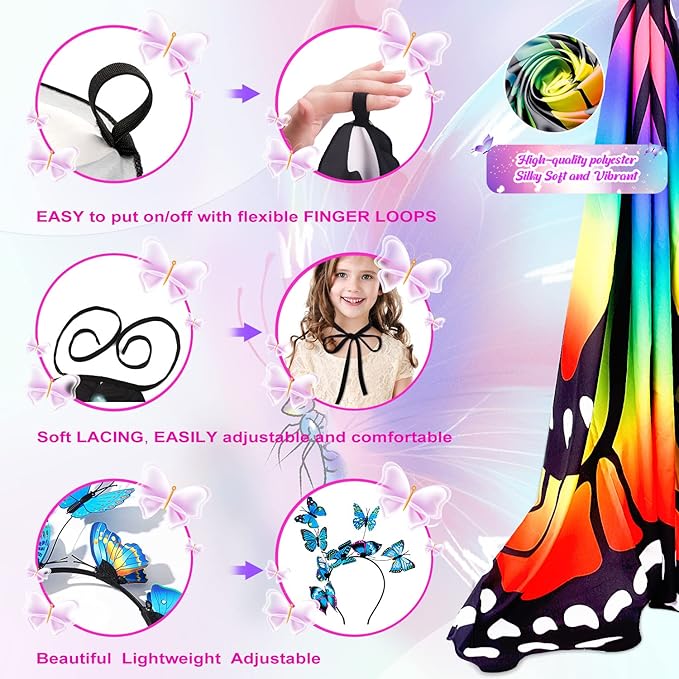 Butterfly Wings For Girls, Double-Sided Fairy Wings, Halloween Costumes for Kids, 3PCS Butterfly Cape Set.