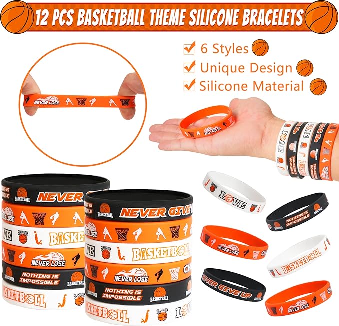 Basketball Party Favors Set 72 PCS Basketball Slap Bracelets Straws Tattoo Stickers Mini Stress Ball Silicone Bracelets Gift Bags for Kids Adults Sports Basketball Birthday Gift Classroom Rewards