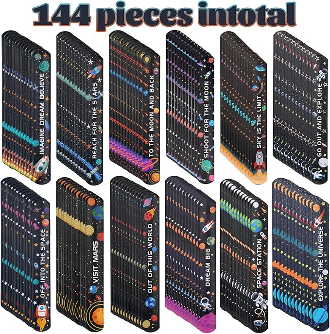 144 Pieces Space Slap Bracelets Astronaut Planet Rocket Space Ship Wristbands Bracelets Fun Words Printed Slap Bracelets Wristband for Party Favor Gifts School Classroom Prize Exchange,12 Styles