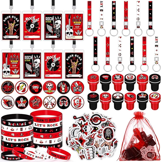 Blosssound 122 Pcs Rock and Roll Party Favors with Rock Star Silicone Bracelets VIP Pass Badges Stampers Keychains Stickers Let's Rock Birthday Party Supplies for 80s 90s Rock Music Party Decorations