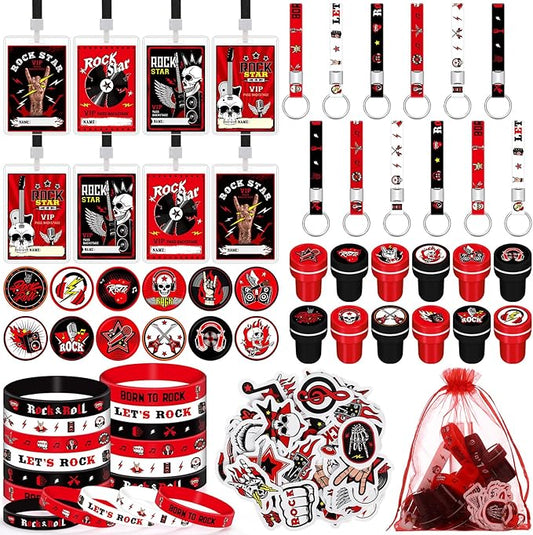 Blosssound 122 Pcs Rock and Roll Party Favors with Rock Star Silicone Bracelets VIP Pass Badges Stampers Keychains Stickers Let's Rock Birthday Party Supplies for 80s 90s Rock Music Party Decorations