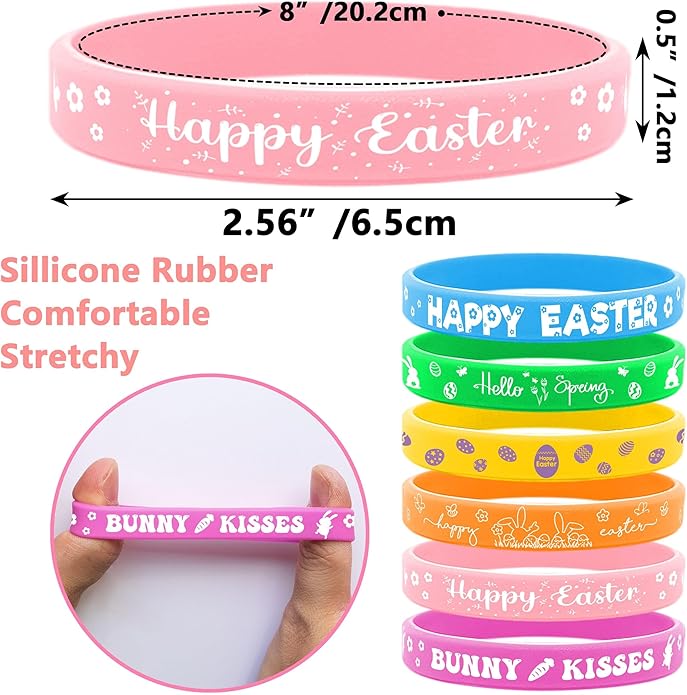Lesnala 48 PCS Easter Rubber Wristband Theme Party Silicone Bracelet for Kids Teens Women Men Gifts Holiday Accessories Basket Stuffers Supplies