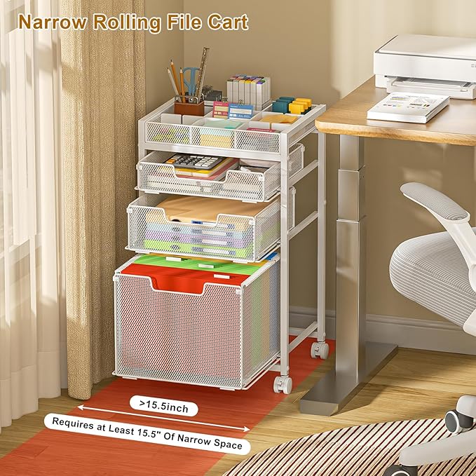 Rolling File Cart with 3 Storage Drawers, Under Desk Filing Cabinet with DIY Divider, Hanging File Folder Organizer on Wheels, Fits A4/Letter Size, Metal Utility Cart for Home Office, White