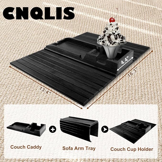 CNQLIS Bamboo Couch Cup Holder - Detachable Sofa Armrest Tray, Anti-Slip Foldable Sofa Table Tray for Drinks, Cellphone, Remote, Snacks, Versatile 2-in-1 Couch Arm Tray Set (Black)