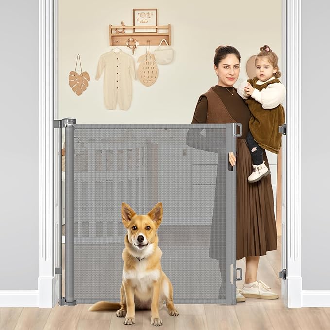 42" Tall X 60" Wide Retractable Pet Gates for Doorways Extra Tall Baby Gates for Dogs Tall Mesh Dog Gate Tall Retractable Gates for Baby and Pet Indoor Outdoor Mesh Cat Gate (Gray)