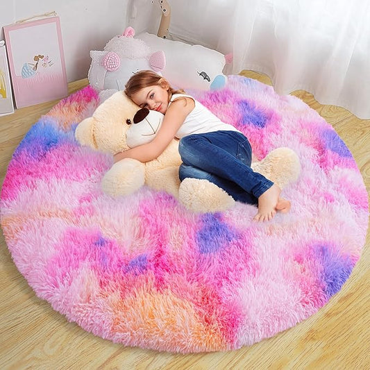 Xexsin Round Fluffy Rugs 4Ft for Girls Bedroom, Dark Rainbow Shag Circle Kids Rug Non-Slip for Bedside Dorm Nursery Playroom, Soft Cute Area Rugs for Living Room Decor
