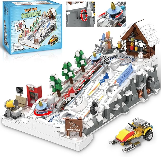 Winter Ski Resort Building Block, City Ski and Climbing Center Building Block with Ski Shop and Snowmobile, Ski Slope Block for Winter Sports Play, Fun Gift Idea for Kids and Ski Fans, 2200Pcs