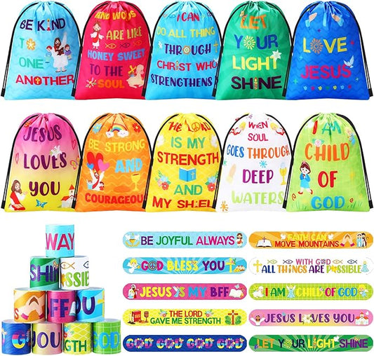 Frienda 10 Sets Christian Gift Bags Bulk Bible Verse Drawstring Bags with Jesus Slap Bracelets Religious Party Favors Gifts Jesus Loves You for Sunday School Classroom Prizes Party Supplies(Classic)