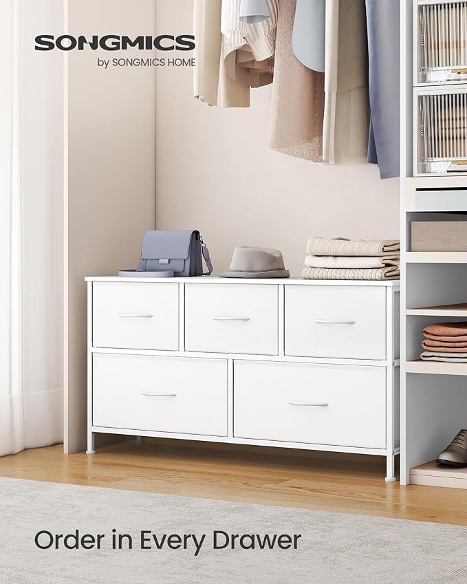 SONGMICS Dresser for Bedroom, Chest of Drawers, Steel, MDF, 5 Non-Woven Fabric Drawers, Storage Organizer Unit, Closet, Entryway, Cloud White and Snow White ULGS322W01S