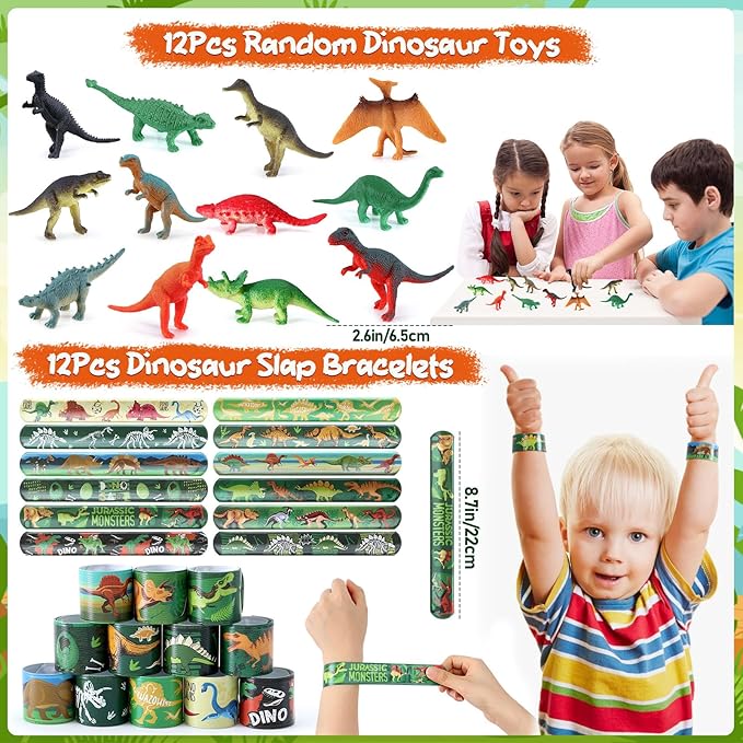 166 Dinosaur Party Favors Dino Birthday Supplies Mask Egg Figure Scracth Bookmark Slap Bracelet Keychain Sticker Tattoo Toy Gift Kid Boy Girl Goodie Bag Stuffer Dinosaur Themed Party Supplies