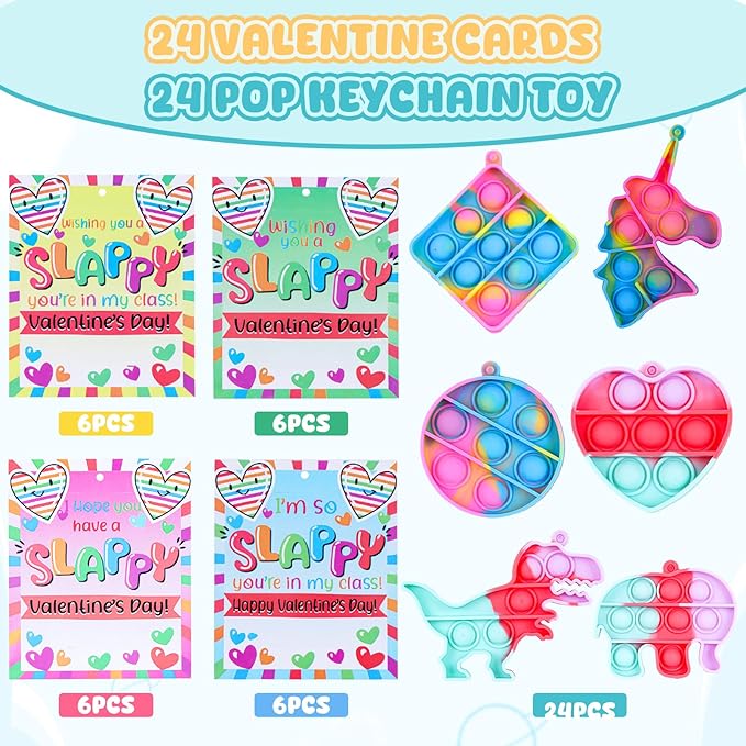 24 Packs Valentines Day Gifts for Kids,Valentines Pop Fidget Toys Bulk with Keychain for Kids School Class Classroom Valentines Day Cards Gifts Prizes Party Favors