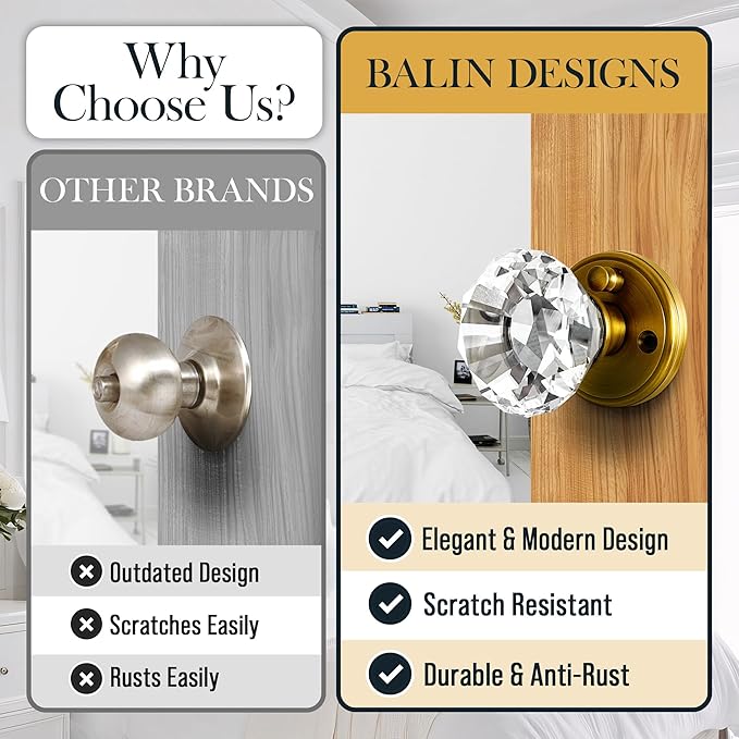 Gold Crystal Door Knobs with Lock, Glass Door Knobs Interior Privacy Set, Brass Vintage Decorative Antique Style Handle for Bedroom, Bathroom, Closet, 2 Pack