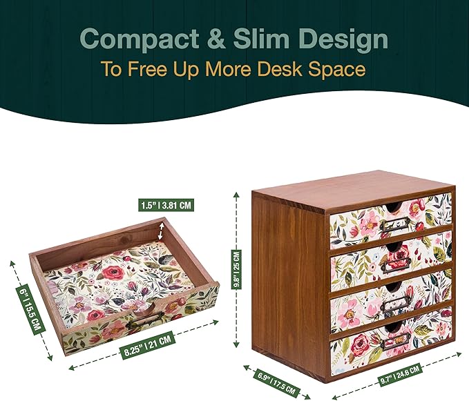 4-Drawer Vintage Desk Wood Storage Box With Drawers in Floral Chintz - Wooden Table Organizer I End Clutter & Dullness, Personalize Your Workspace - Beautiful Flower Design for Office & Home