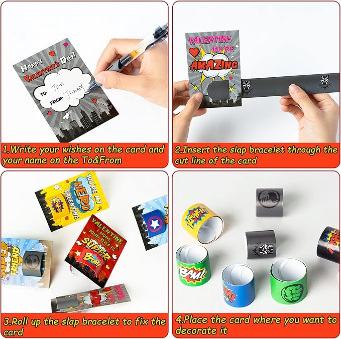 28 Packs Valentines Day Gift for Kids, Valentine’s Day Super Power Slap Bracelets with Cards Toddler School Classroom Prize Exchange Gifts Party Favor Toy Set Superhero Decorations