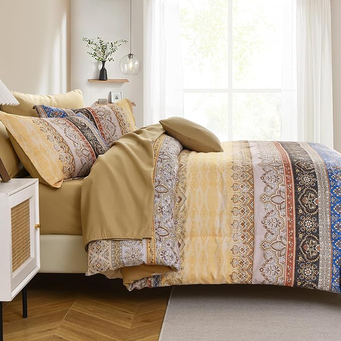 Cottolester Boho Queen Comforter Set 8 Pieces, Yellow Bohemian Striped Bed in a Bag, Paisley Soft Microfiber Bedding Comforter Set