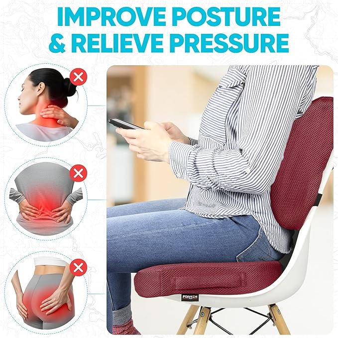 FORTEM Seat Cushion, Office Chair Cushion, Lumbar Support Pillow for Office Chair, Memory Foam Sciatica Coccyx Tailbone Pressure Pain Relief, Car Sitting Pad, Washable Non Slip