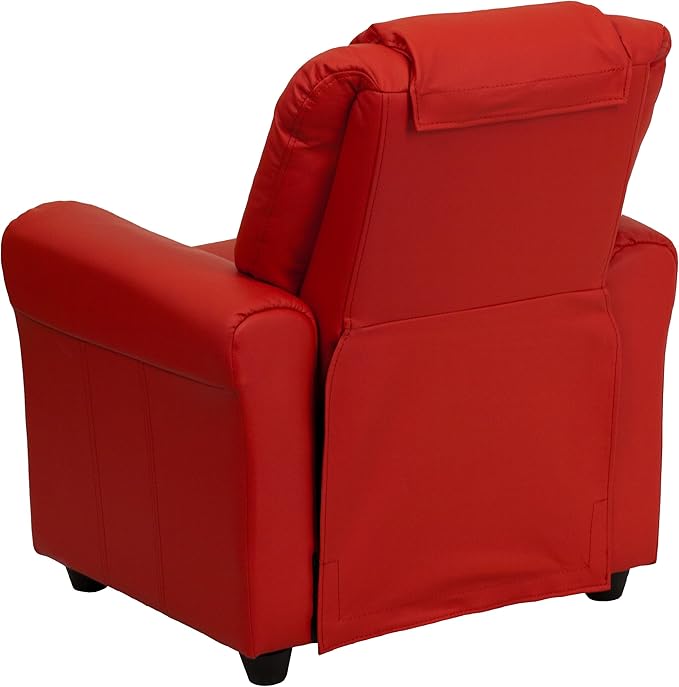 Flash Furniture Vana Vinyl Kids Recliner with Cup Holder, Headrest, and Safety Recline, Contemporary Reclining Chair for Kids, Supports up to 90 lbs., Red