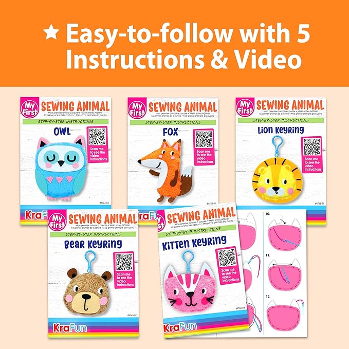 KRAFUN My First Sewing Animal for Kids, Beginner Art & Craft, 5 Easy Activities Stuffed Animal Dolls, Keyring Charms, Instructions & Felt Materials for Learn to Sew, Embroidery