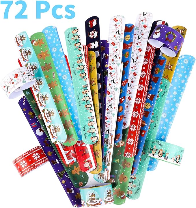 Elcoho 72 Pieces Christmas Snap Bracelets Xmas Party Favors Slap Bracelets Assorted Christmas Pattern Slap Wristband for Christmas Party Favors