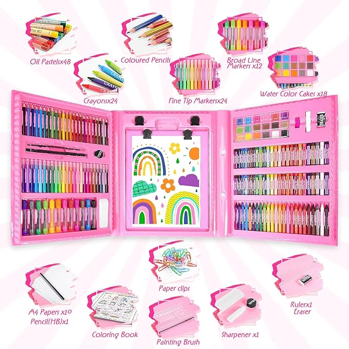 208 PCS Art Supplies Kit for Kids Girls Boys Ages 6-12, Drawing Set with Trifold Easel, Includes Coloring Book, Scissors, Sticker, Origami Paper Crayons, Markers, Colored Pencils, Watercolors