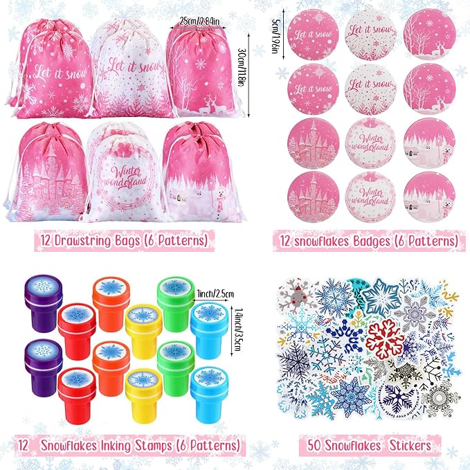 Abbylike 140 Pcs Winter Party Favors Christmas Gifts for Kids Snowflake Wonderland Party Favors Supplies Birthday Notebook Bracelet Stamper Sticker Drawstring Bag Pencil Button Pin Keychain