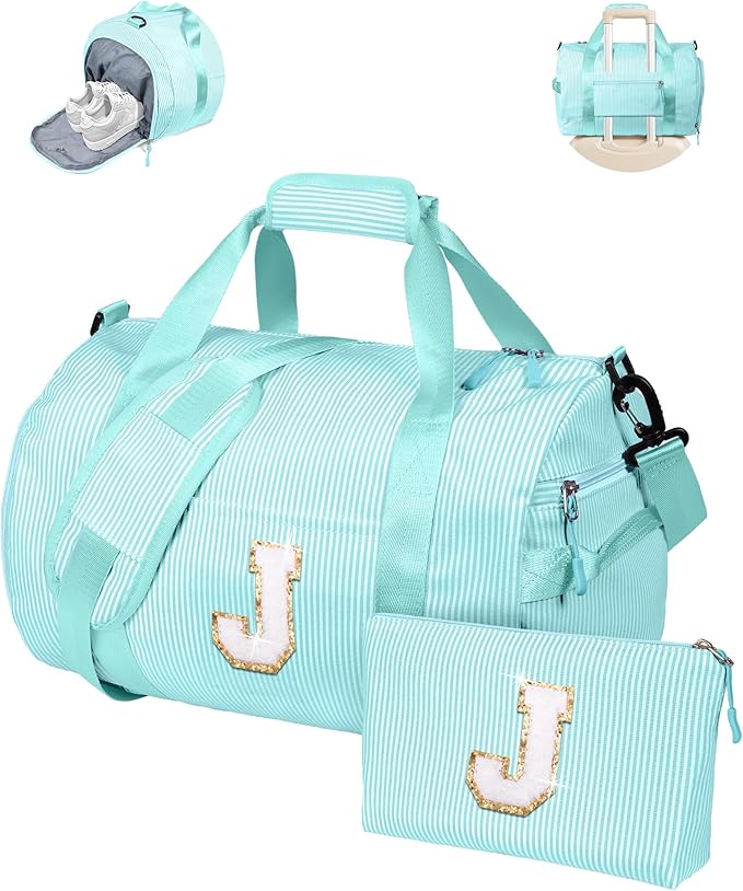 Teen Girl Gifts Trendy Stuff, Girls Travel Duffle Bag, Kids Initial Overnight Bags with Shoe Compartment, Personalized Weekend Bag with Cosmetic Pouch, Birthday Gift Ideas (Letter J)