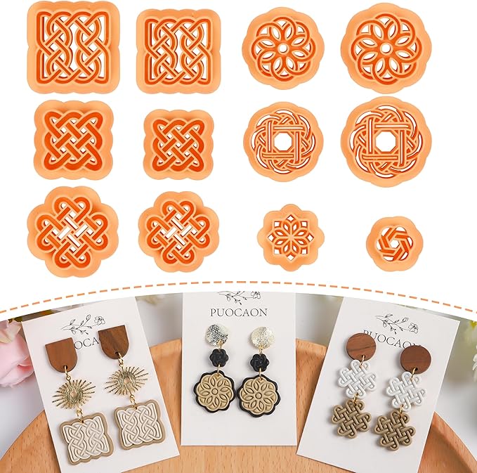Puocaon Weave Knot Clay Cutters - 12 Pcs Clay Cutters for Polymer Clay Earrings Jewelry Making, Rattan Polymer Clay Cutters for Earrings, Boho Embossed Knot Clay Earring Cutters, Wicker Clay Cutters