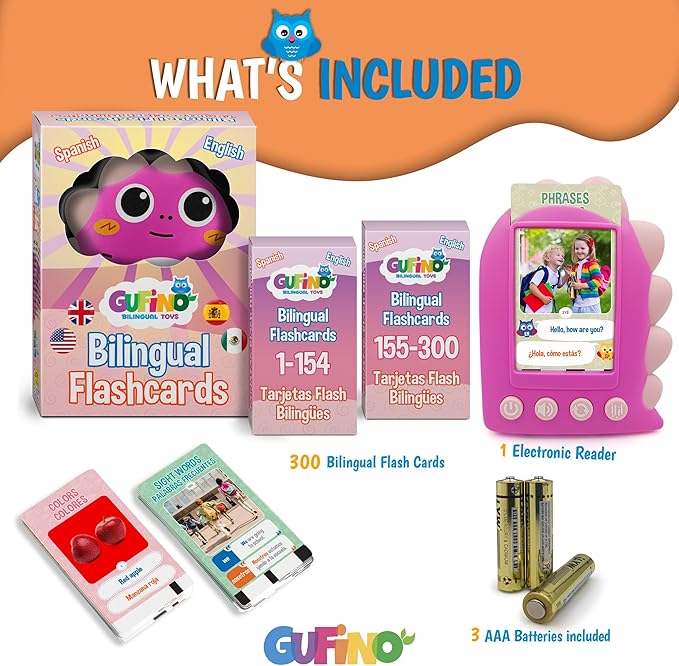 GUFINO Learning Toys for Toddlers 1-3 – Pink Bilingual Toys in Spanish and English with Sight Words Flash Cards 1st Grade and Older – Juguetes para Niñas de 3 Años. Early Language Development