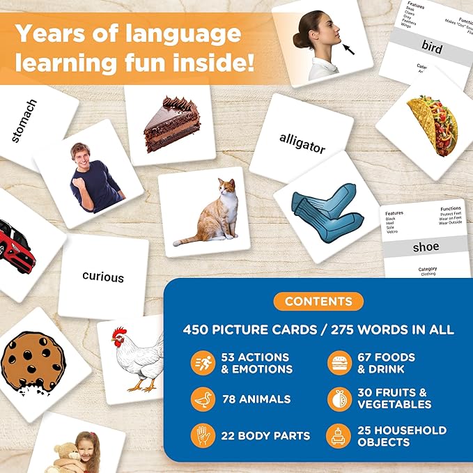 ThinkPsych 450 Thick Picture Cards for Autism Speech Therapy Materials - Flash Cards for Toddlers - Animals, Body Parts, Emotions, Food, Vegetables - ABA Therapy and Tacting Cards