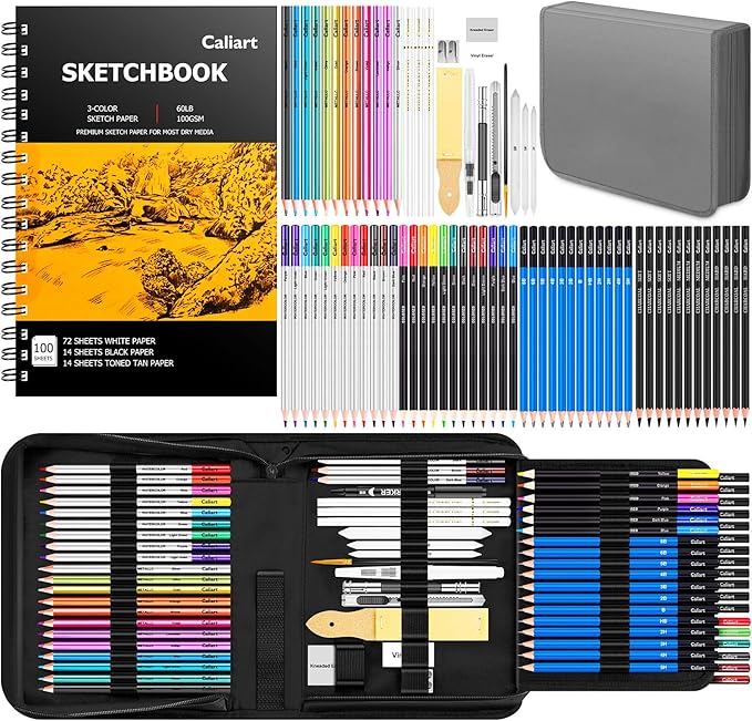 Caliart 176PCS Art Supplies Sketching Kit with 100 Sheets 3-Color Sketch Book, Graphite Colored Charcoal Watercolor & Metallic Pencils, Drawing Supplies Christmas Gifts for Artists Adults Beginners