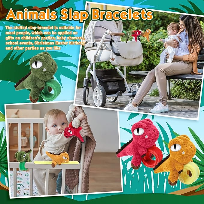 Leyndo Animal Slap Bracelets Stuffed Animal, Stuffed Animal Plush Slap Bracelets Bulk Kids Toys, 8 Inches (Dinosaur,6 Pcs)