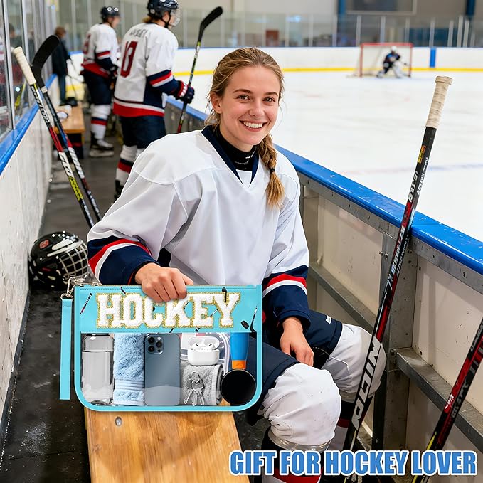 BuyCard Hockey Gifts Makeup Bag with Chenille Letter Patch, Clear Cosmetic Pouch PVC Organizer Purse, Waterproof Travel Bag, Portable Toiletry Storage Bag for Her Friends