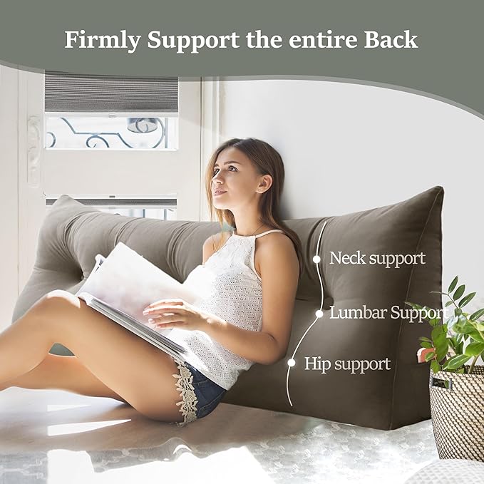 Headboard Wedge Pillow Large Bolster Reading Pillows for Sitting in Bed Adult， Velvet Triangular Cushion Backrest Lumbar Back Support Upholstered Daybed Sit Up Book Pillows（Camel, Full）