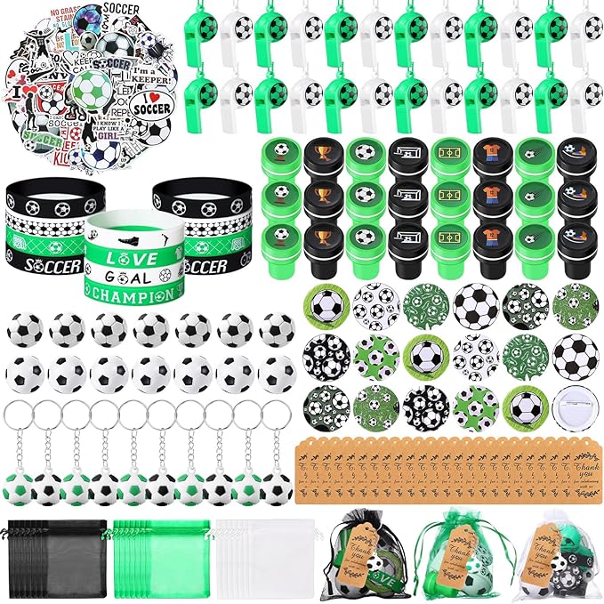 Aoriher 266 Pcs Soccer Party Favors Sports Party Supplies Gifts Set Stress Ball Stickers Whistle Keychain Bracelet Erasers Badges Organza Bags Thank You Tags