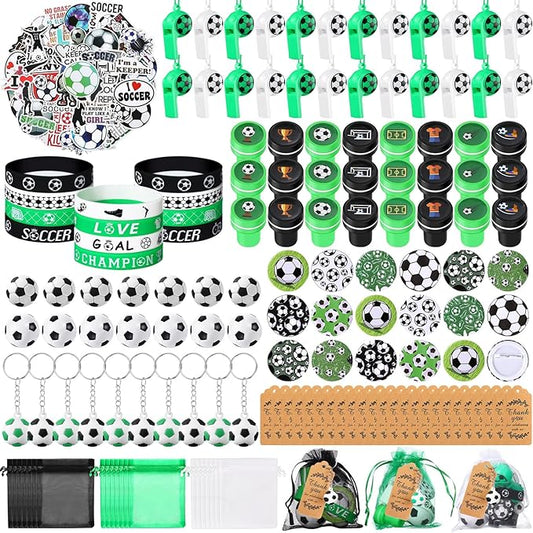 Aoriher 266 Pcs Soccer Party Favors Sports Party Supplies Gifts Set Stress Ball Stickers Whistle Keychain Bracelet Erasers Badges Organza Bags Thank You Tags
