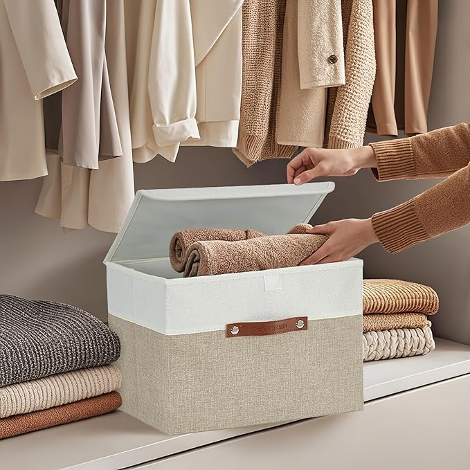 DECOMOMO Fabric Storage Bins with Lid, Storage Baskets for Shelves (Beige and White, 3 Pack)