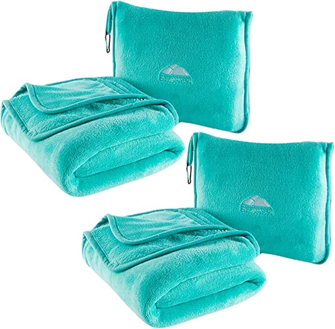 BlueHills 2-Pack Premium Soft Travel Blanket Pillow Airplane Blanket for Two in Soft Bag Pillowcase Compact Pack Large Blankets for Travel (Teal Green T012)