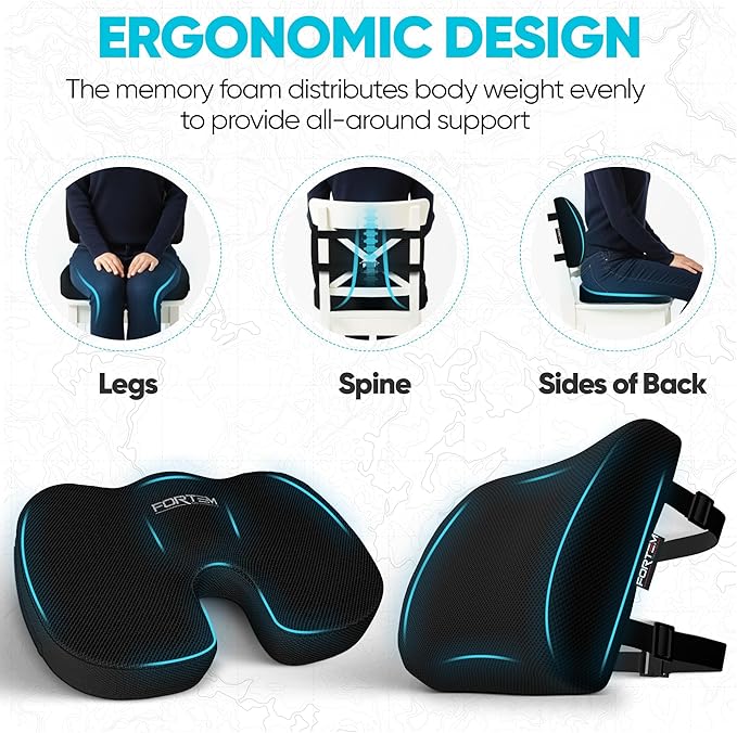 FORTEM Seat Cushion, Office Chair Cushion, Lumbar Support Pillow for Office Chair, Memory Foam Sciatica Coccyx Tailbone Pressure Pain Relief, Car Sitting Pad, Washable Non Slip, XL